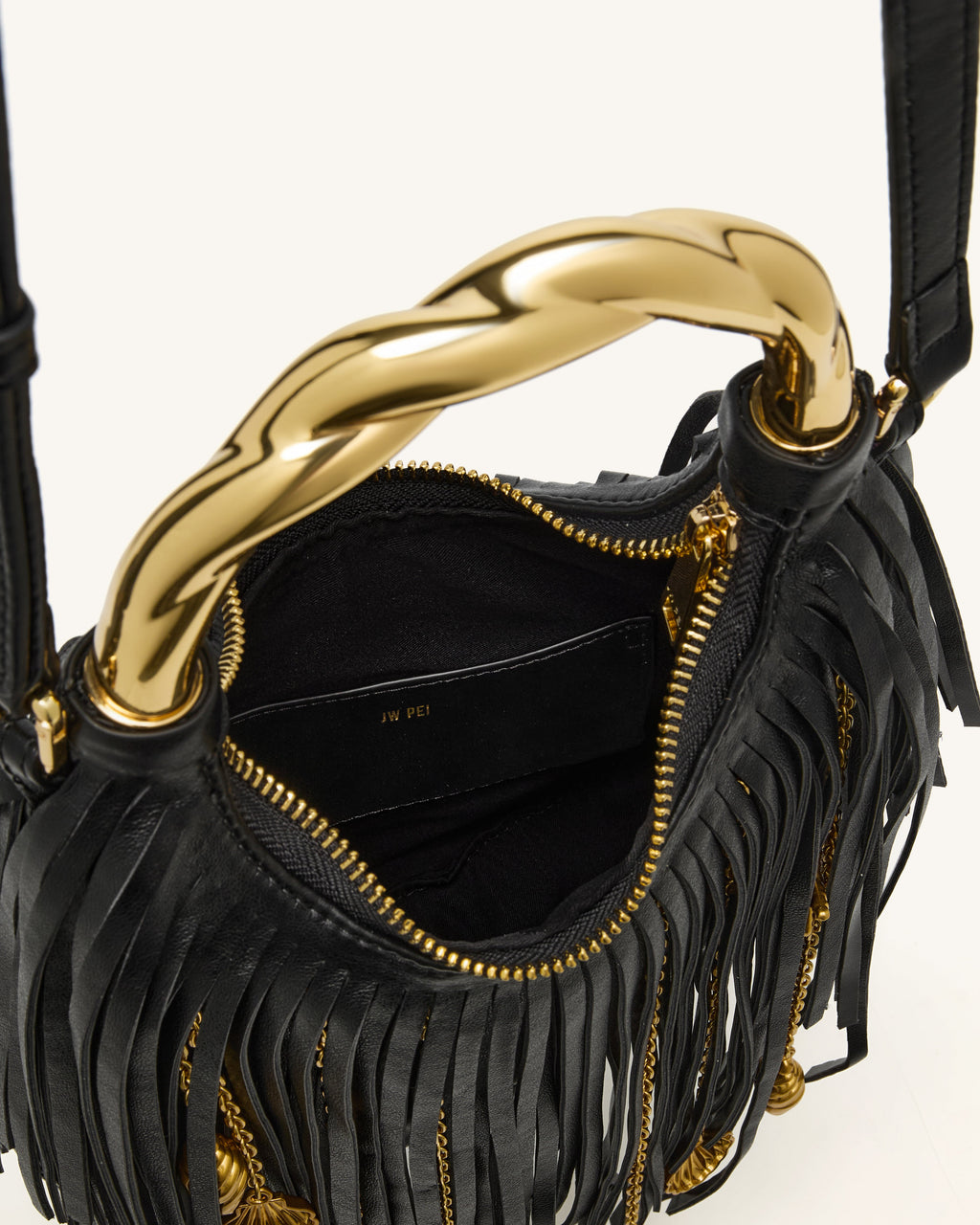 JW Pei Chloe Metal Handle Fringe Top Handbag - Black