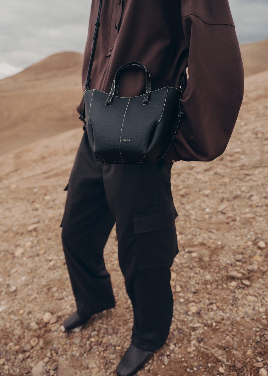 Polène Cyme Tote Nano - Noir Grainé Coutures Écrues