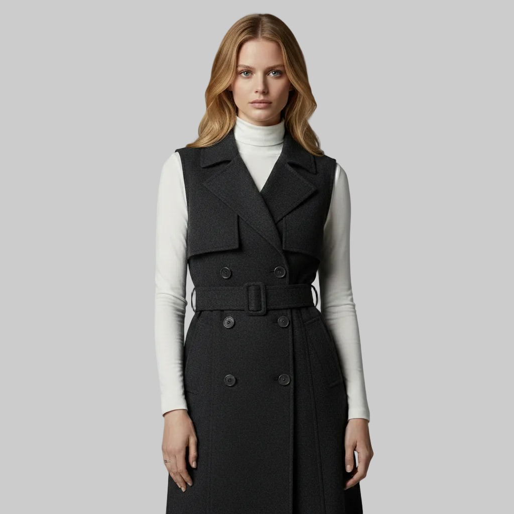 Gilet long sans manches à double boutonnage et ceinture
