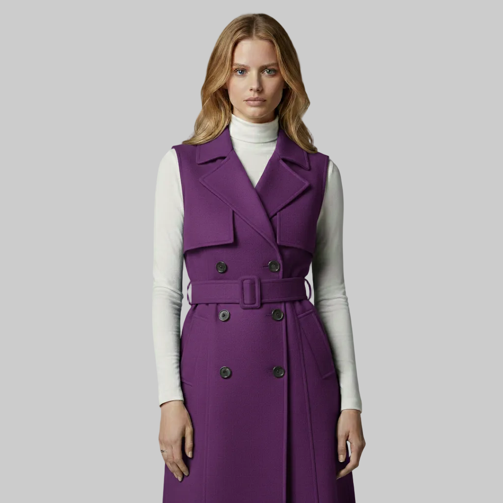 Gilet long sans manches à double boutonnage et ceinture