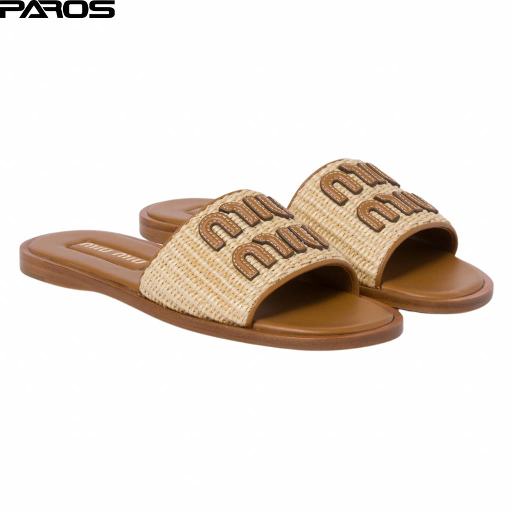 Miu Miu Raffia-Effect Woven Fabric Slides - Natural