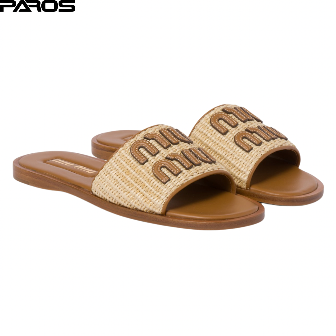 Miu Miu Raffia-Effect Woven Fabric Slides - Natural