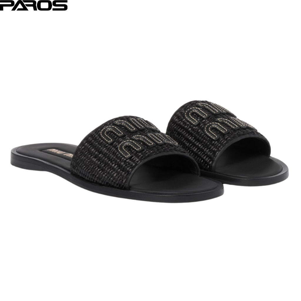 Miu Miu Raffia-Effect Woven Fabric Slides - Black
