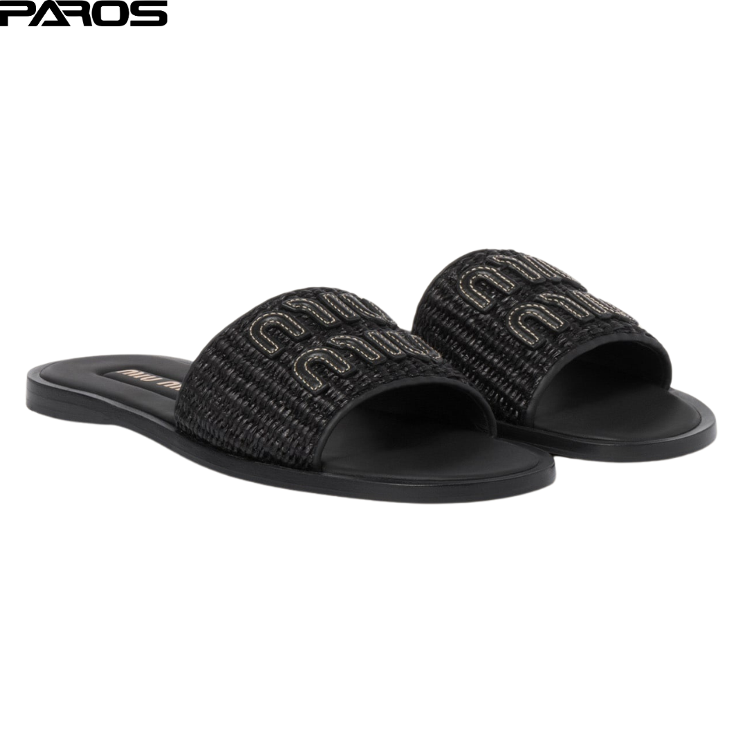 Miu Miu Raffia-Effect Woven Fabric Slides - Black