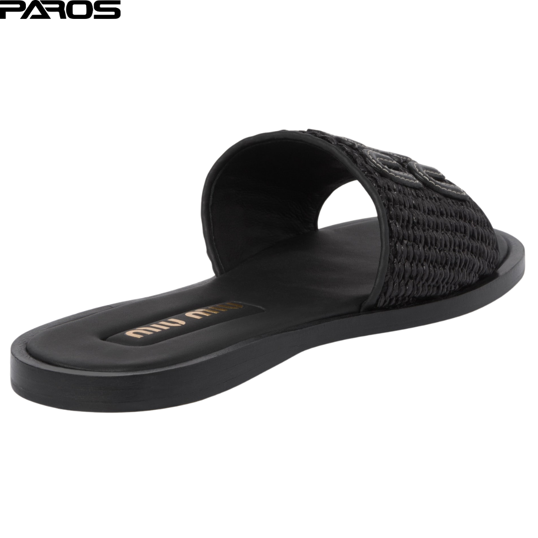 Miu Miu Raffia-Effect Woven Fabric Slides - Black
