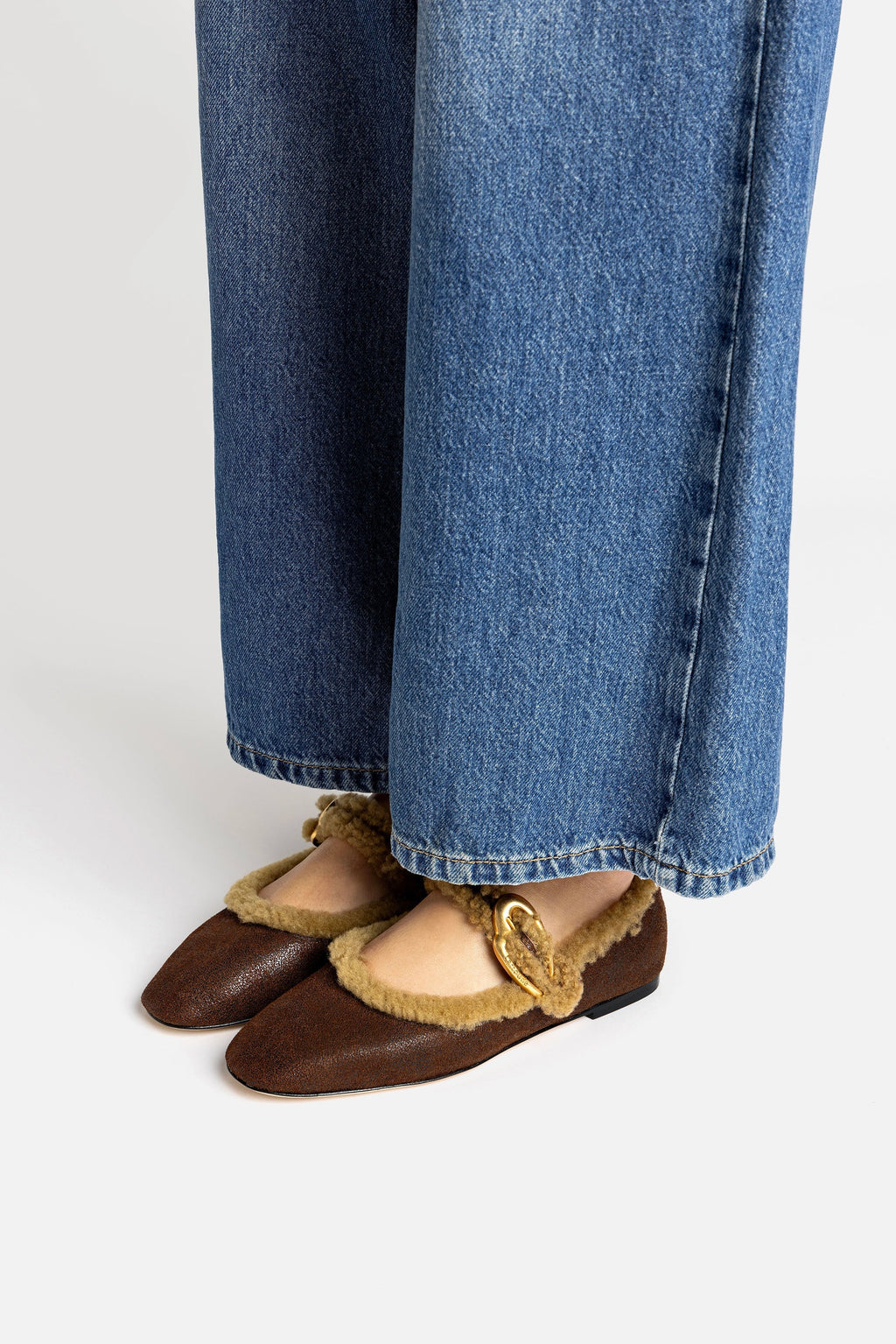 Larroudé Verona Ballet Flat - Cocoa Leather / Natural Shearling